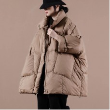 Warm chocolate goose Down coat Loose fitting winter jacket stand collar Large pockets Warm outwear