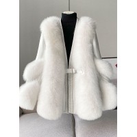 Stylish White V Neck Patchwork Mink Hair Coats Winter