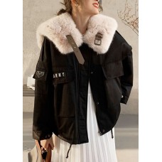 Fashion Black Fox collar Zip Up Fine Cotton Filled Puffers Jackets Winter