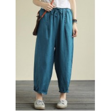 Blue loose casual plus size lace hemp cropped pants